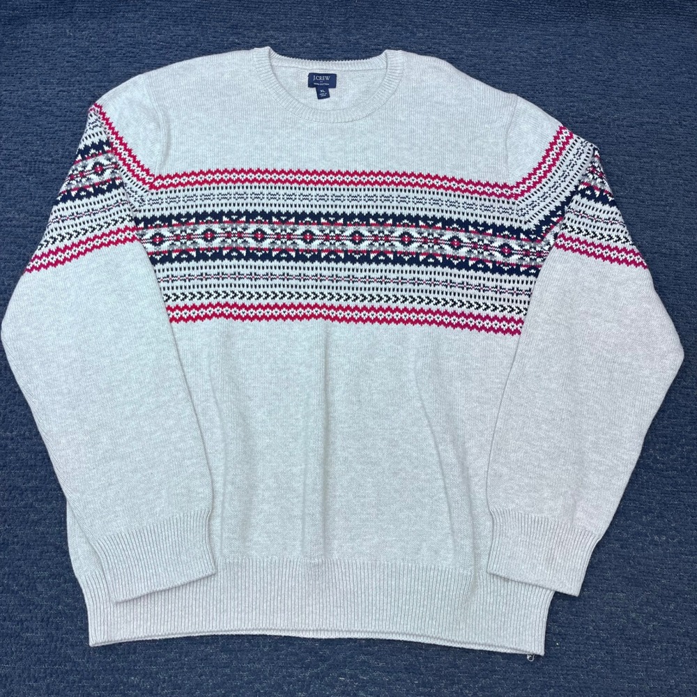 J.Crew Mens XL Fair Isle Cotton‎ Crewneck Sweater Gray Red Blue Knit Pullover
